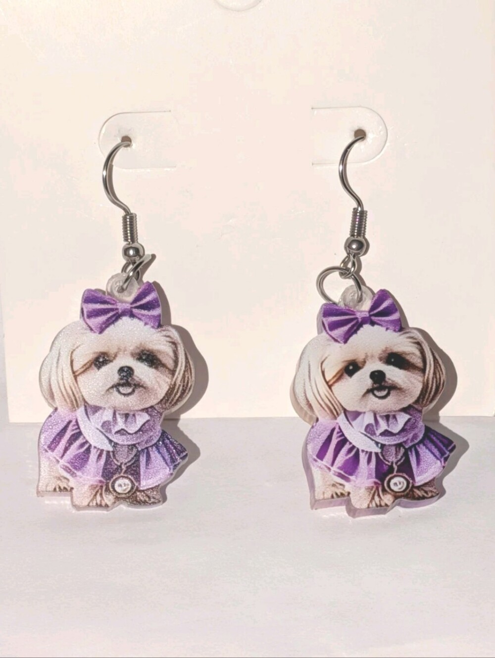 Hand Crafted Purple Shih Tzu Dog Earrings with Bow
